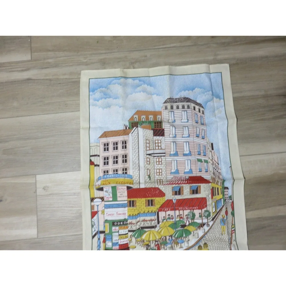 Vintage Eli Paris French Street Scene Tea Towel Paris Cafe Kiosk Illustration